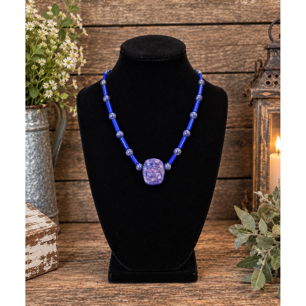 19" Blue Beaded Statement Necklace Purple Focal Pendant Floral Toggle Clasp